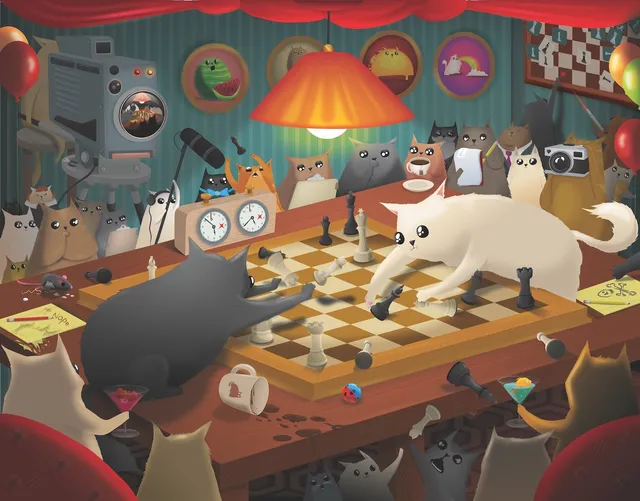 exploding-kittens-puzzles-cats-playing-chess-puzzle-1000-teile-schach image 1